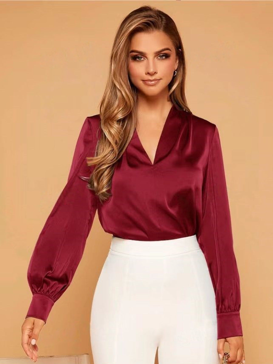 Women's Satin V-Neck Long Sleeve Shirt | Elegant Blouse Top