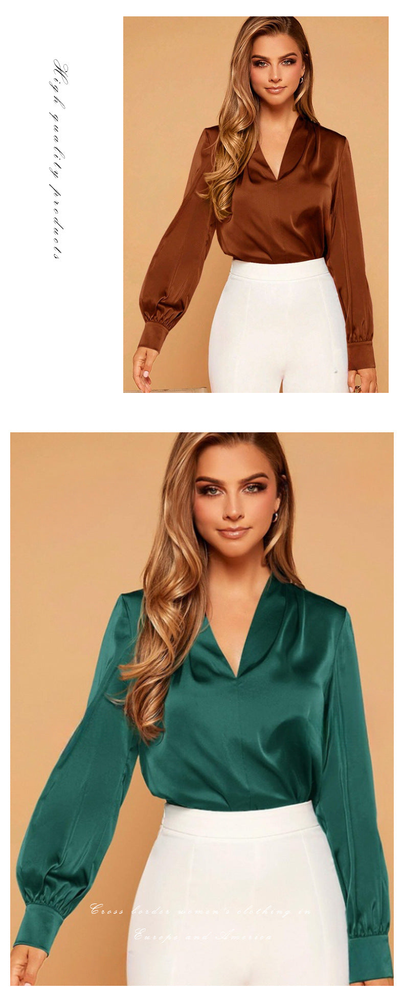 Women's Satin V-Neck Long Sleeve Shirt | Elegant Blouse Top