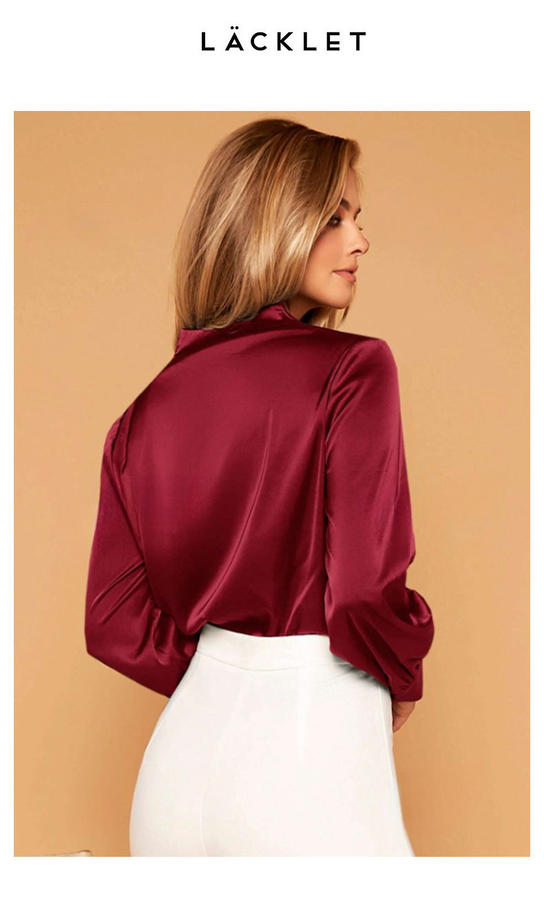 Women's Satin V-Neck Long Sleeve Shirt | Elegant Blouse Top