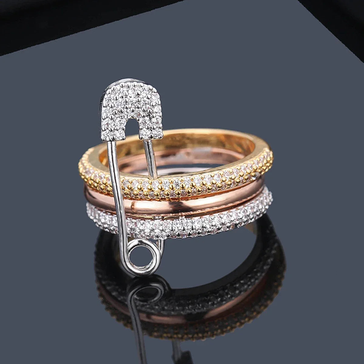 14K Gold Plated CZ Stackable Ring | 3-Layer Pave Setting | Multicolor & Silver | Women's Party Jewelry