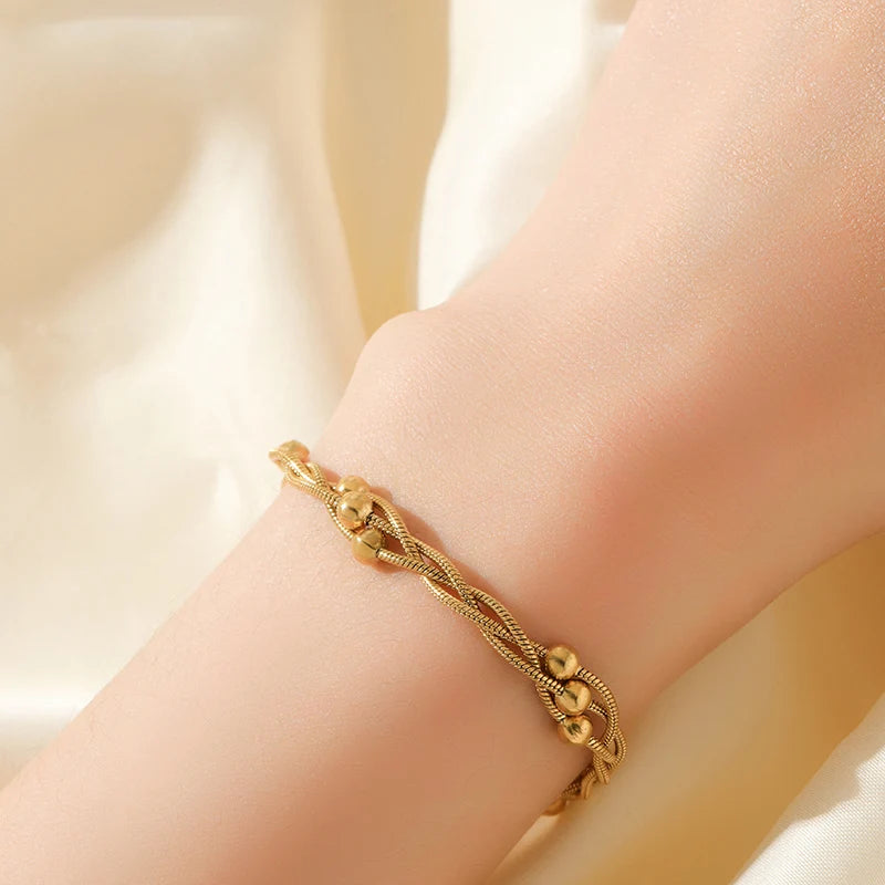 Stainless Steel Beaded Charm Bracelet for Women – 18K Gold Plated Link Chain