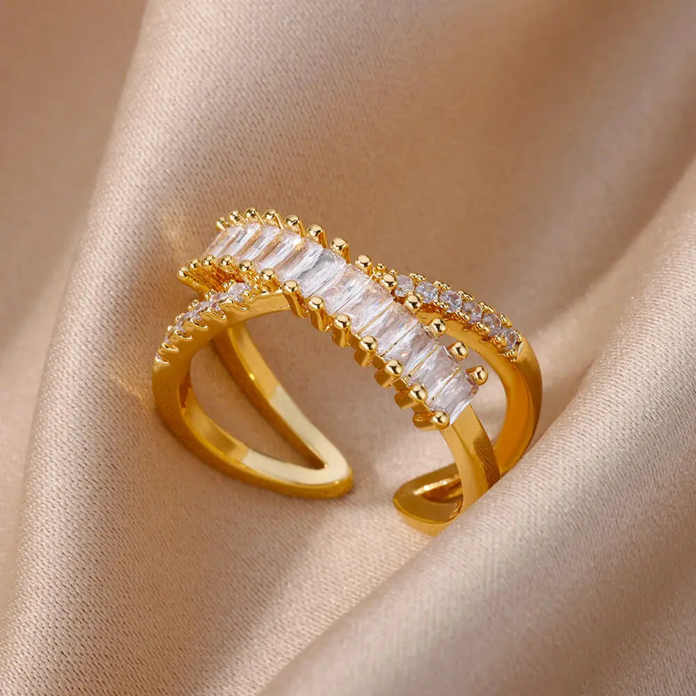 18K Gold Plated Zircon Flower & Leaf Ring | Adjustable Stainless Steel | Women's Aesthetic Wedding Band