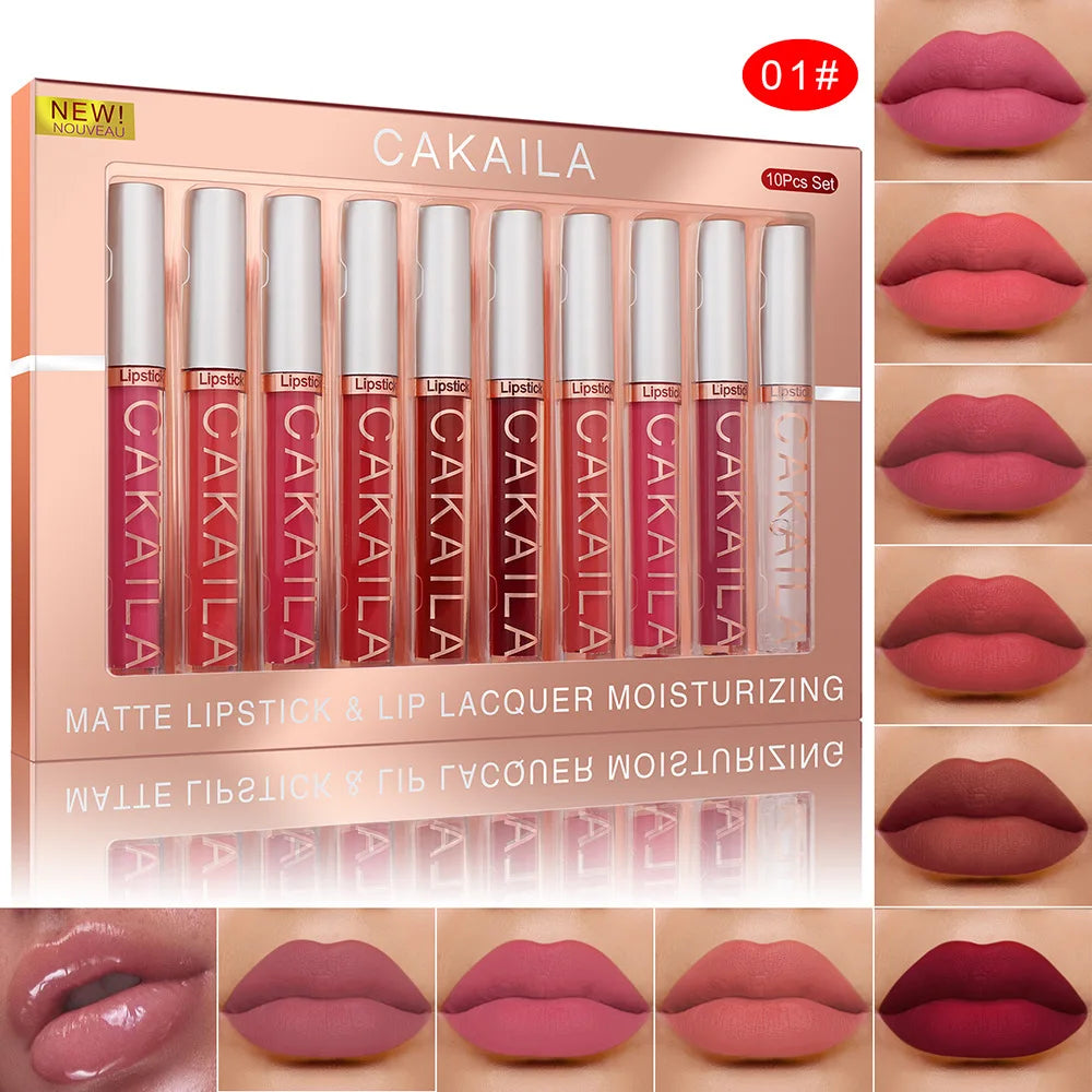 CAKAILA 10-Piece Nude Matte Lip Gloss Set – Velvet Liquid Lipstick | Waterproof & Long-Lasting
