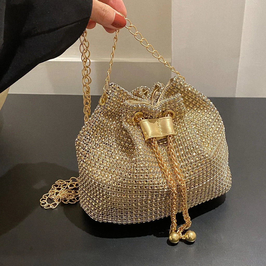 Rhinestone Drawstring Bucket Bag – Sparkling Crossbody Purse for Women