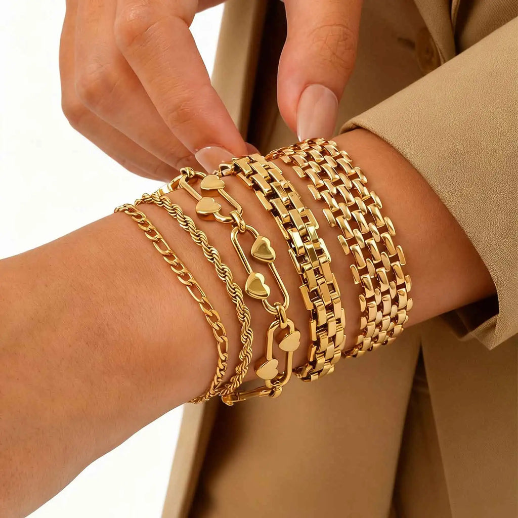 18K Gold Plated Stainless Steel Link Chain Bracelet for Women – Stackable Waterproof Bangle
