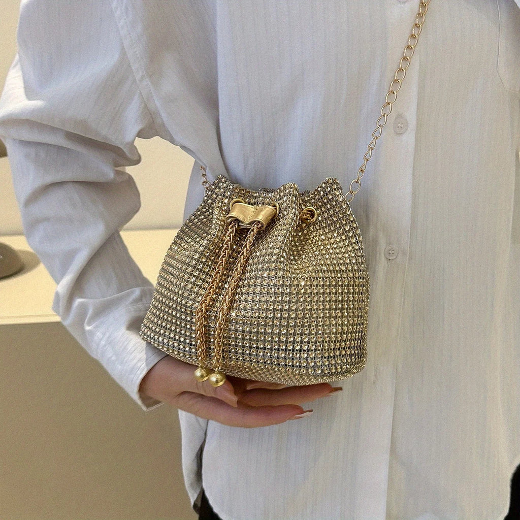 Rhinestone Drawstring Bucket Bag – Sparkling Crossbody Purse for Women