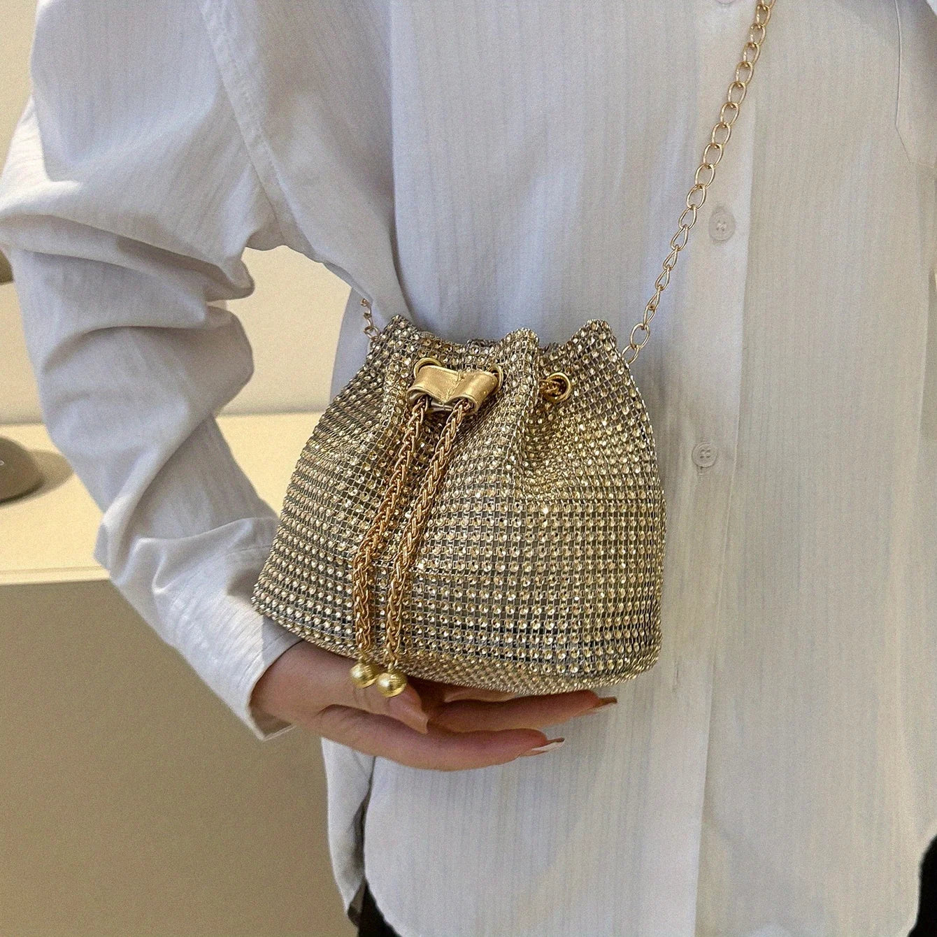 Rhinestone Drawstring Bucket Bag – Sparkling Crossbody Purse for Women
