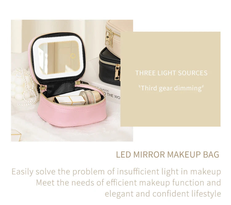 Rechargeable Travel Makeup Bag With LED Mirror, Compact Touch Screen Tabletop Cosmetic Mirror, 3 Colors Light Nanasbeautyholic