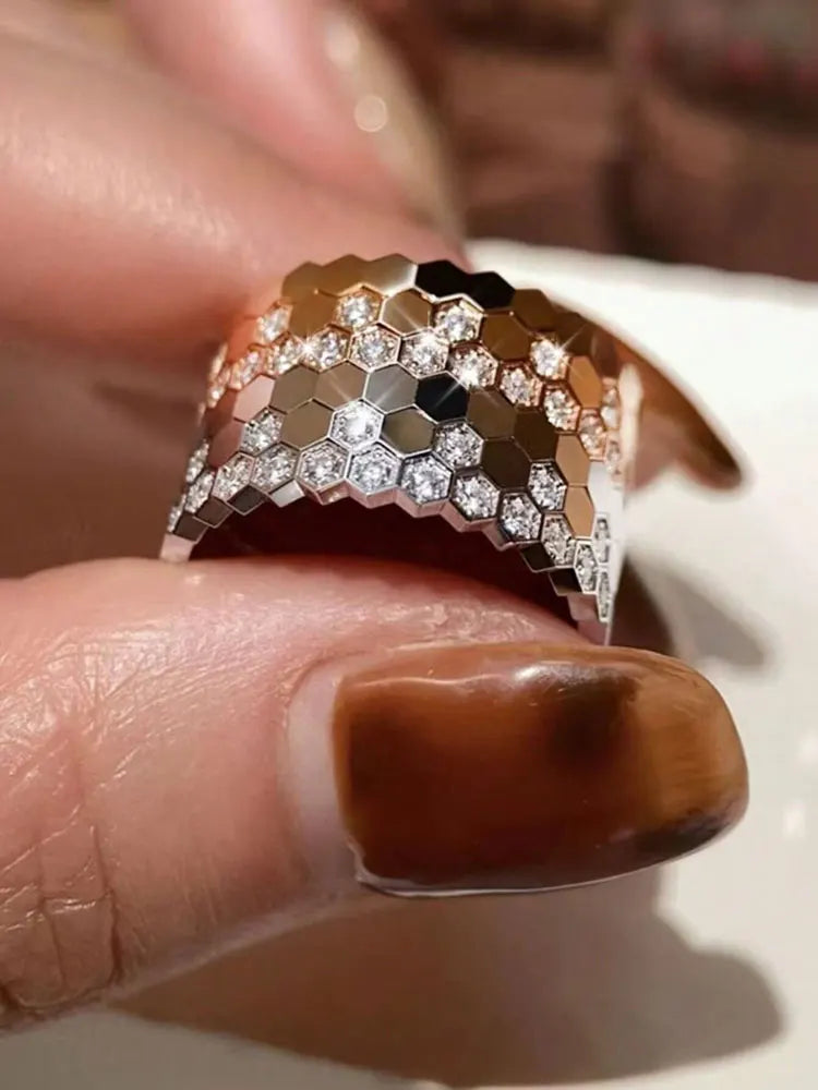 925 Sterling Silver Zircon Hexagon Ring | Gold, Silver & Rose Gold | Sizes 6–10 | Women's Fine Jewelry