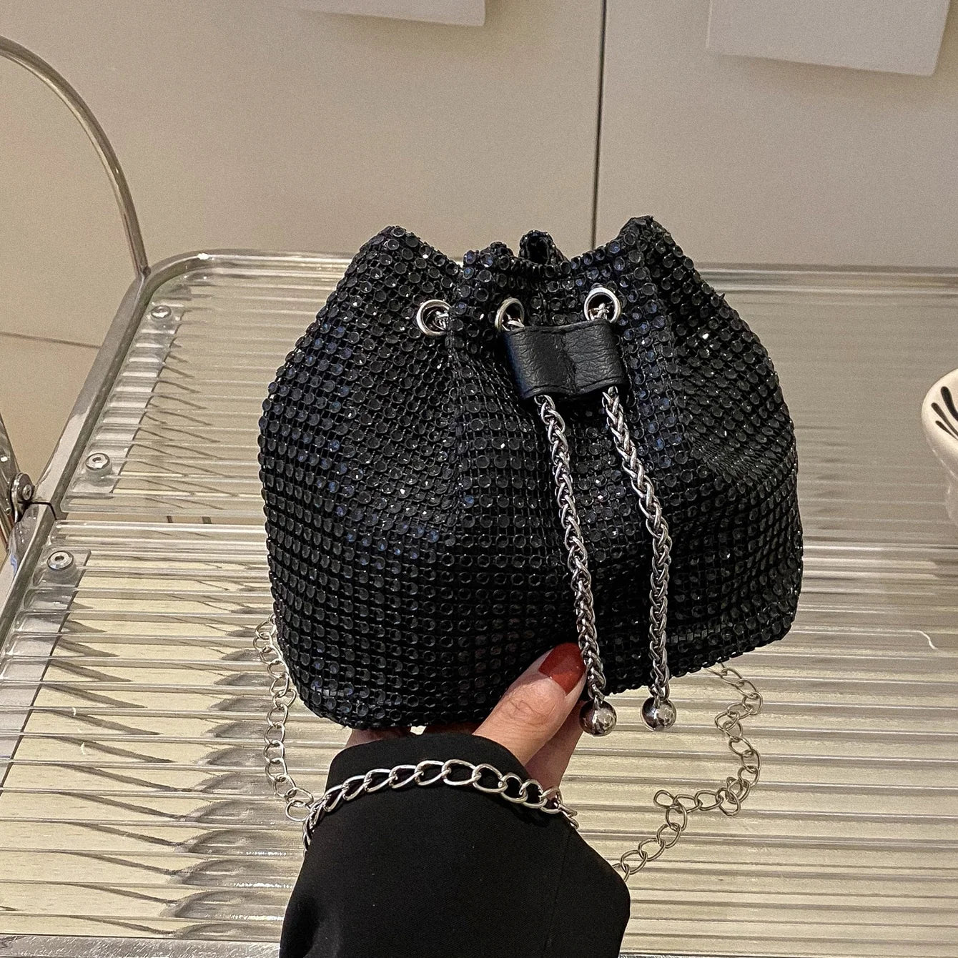 Rhinestone Drawstring Bucket Bag – Sparkling Crossbody Purse for Women