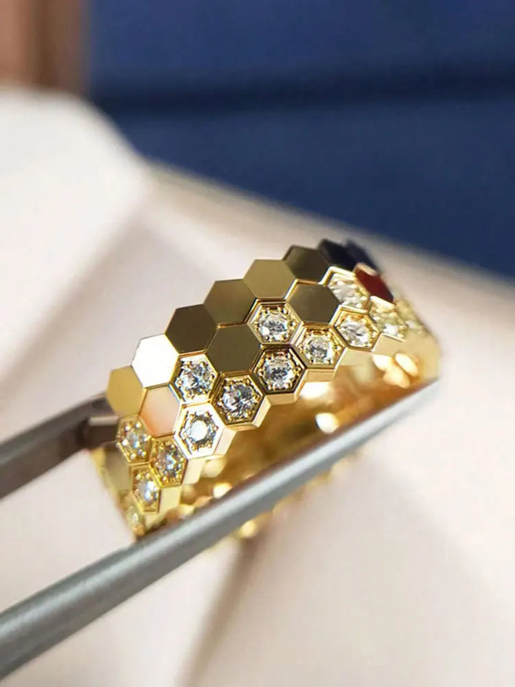 925 Sterling Silver Zircon Hexagon Ring | Gold, Silver & Rose Gold | Sizes 6–10 | Women's Fine Jewelry