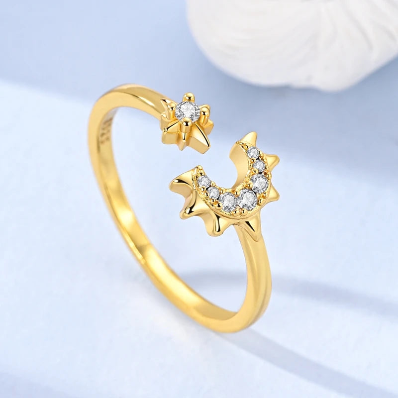 925 Sterling Silver Heart Star Moon Ring | Sparkling Zircon | Gold Chain Design | Women's Fine Jewelry Gift