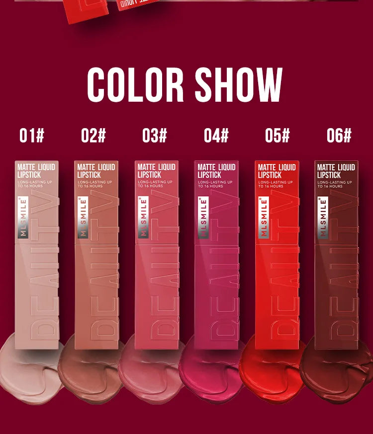 MLSMILE 6 Color Non-stick cup Velvet Satin Gloss Lip glaze Mist Liquid matte lipstick Waterproof long-lasting color liquid Nanasbeautyholic