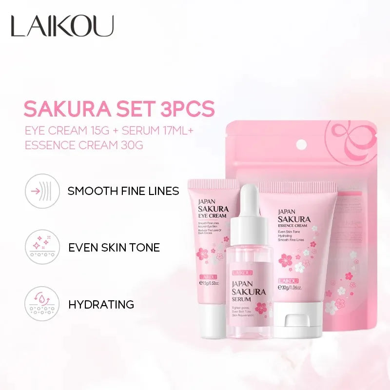 3pcs/set LAIKOU Skin Care Set Vitamin C Sakura Snail Essence Serum & Eye Cream & Face Cream Moisturizer Travel Size Skincare Set Nanasbeautyholic