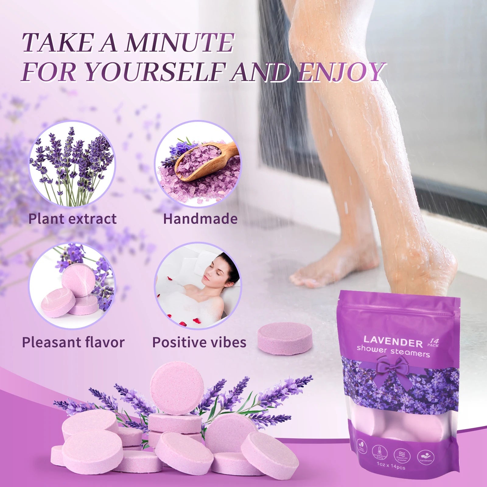 Lavender Shower Bomb Natural Essential Oil Shower Moisturizing Stress Relieving Bath Salt Tablets Suitable for Women and Men Nanasbeautyholic