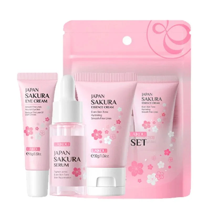 3pcs/set LAIKOU Skin Care Set Vitamin C Sakura Snail Essence Serum & Eye Cream & Face Cream Moisturizer Travel Size Skincare Set Nanasbeautyholic