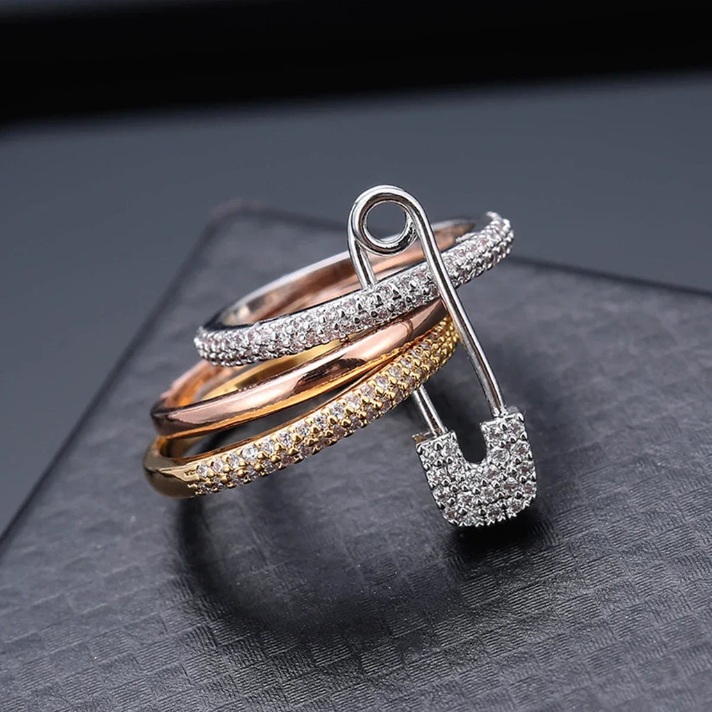 14K Gold Plated CZ Stackable Ring | 3-Layer Pave Setting | Multicolor & Silver | Women's Party Jewelry