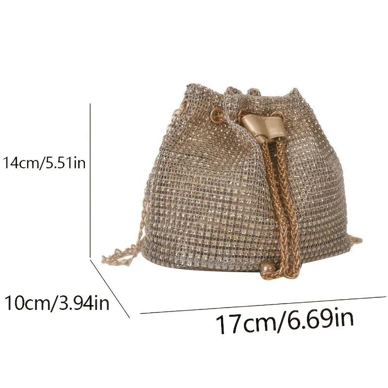 Rhinestone Drawstring Bucket Bag – Sparkling Crossbody Purse for Women