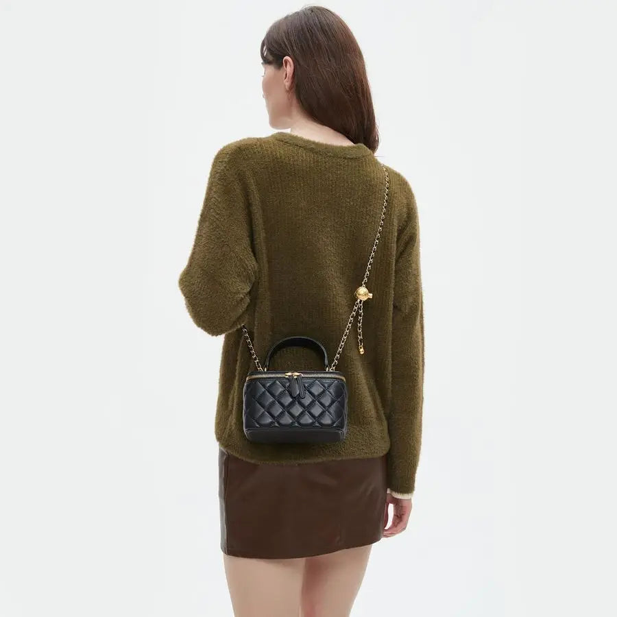 Quilted Box Crossbody Purse For Women Designer Leather Mini Top Handle Pouch Bag With Metal Chain Strap Nanasbeautyholic