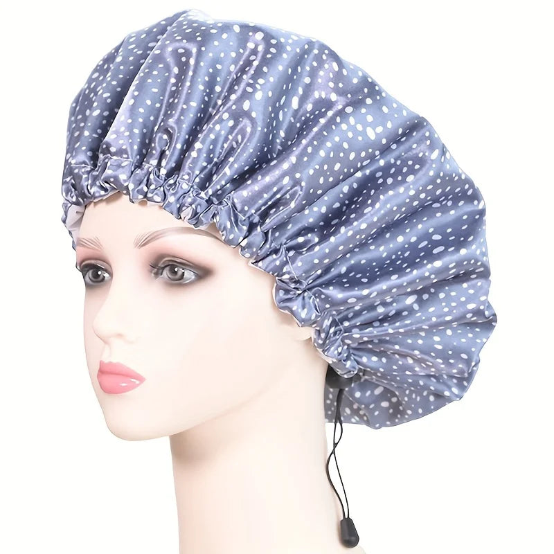 Women Double Layer Waterproof Shower Cap Floral Print Adjustable Double-Layer Elastic Hair Cap Bathing Accessory Nanasbeautyholic