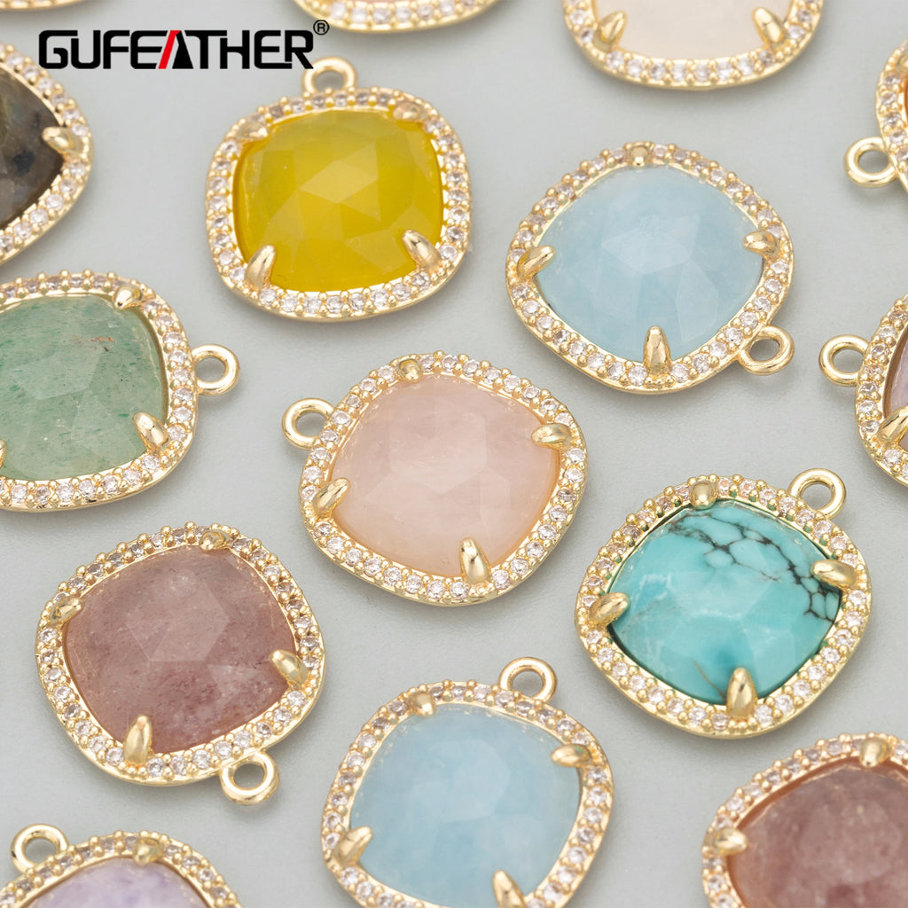 Natural Stone Charm Pendants – 18K Gold Plated, Nickel-Free Copper | 4pcs/lot