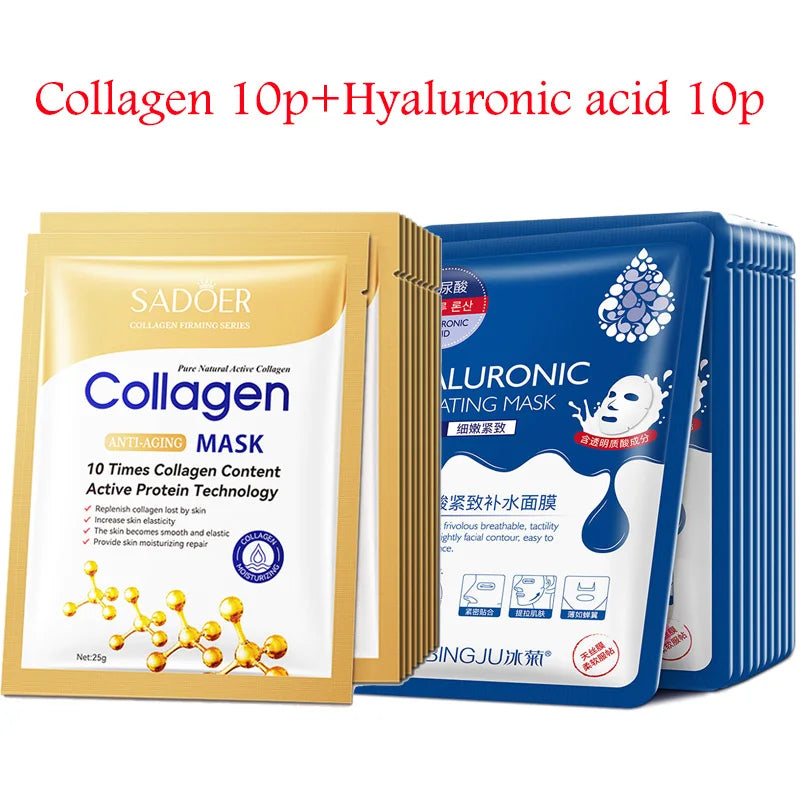 20pcs Hyaluronic Acid Collagen Face Mask skincare Moisturizing Firming Hydrating Facial Masks Sheet Mask Korean Skin Care Nanasbeautyholic