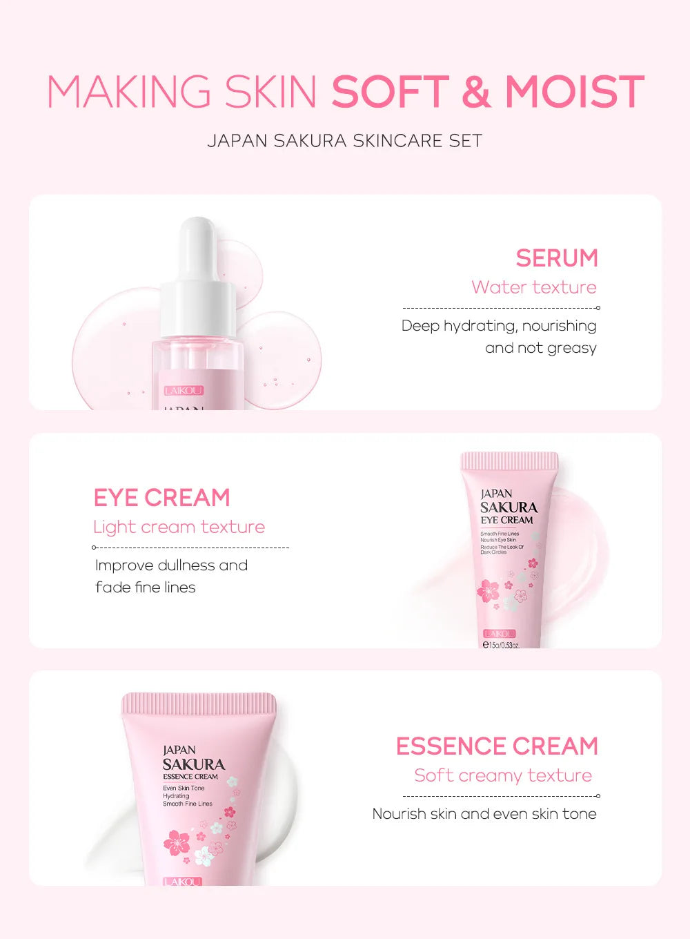 3pcs/set LAIKOU Skin Care Set Vitamin C Sakura Snail Essence Serum & Eye Cream & Face Cream Moisturizer Travel Size Skincare Set Nanasbeautyholic