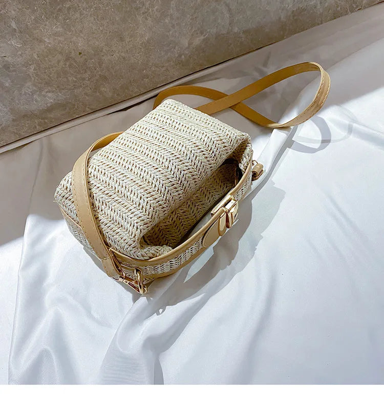 HOMEFISH Summer Small Straw Handbag Trendy Shoulder Bag Woven Bucket Crossbody Bag Casual Seaside Beach Bag Gilrs Handle Tote Nanasbeautyholic