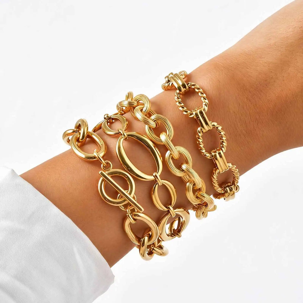 18K Gold Plated Stainless Steel Link Chain Bracelet for Women – Stackable Waterproof Bangle
