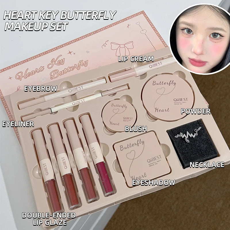 Makeup Gift Box Butterfly Bow Heart Limited Lipstick Powder Blush Eyeshadow Makeup Gift Box Set and Necklace Gifts for Women Nanasbeautyholic