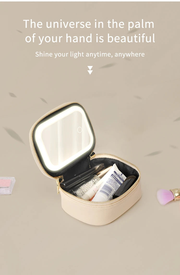 Rechargeable Travel Makeup Bag With LED Mirror, Compact Touch Screen Tabletop Cosmetic Mirror, 3 Colors Light Nanasbeautyholic