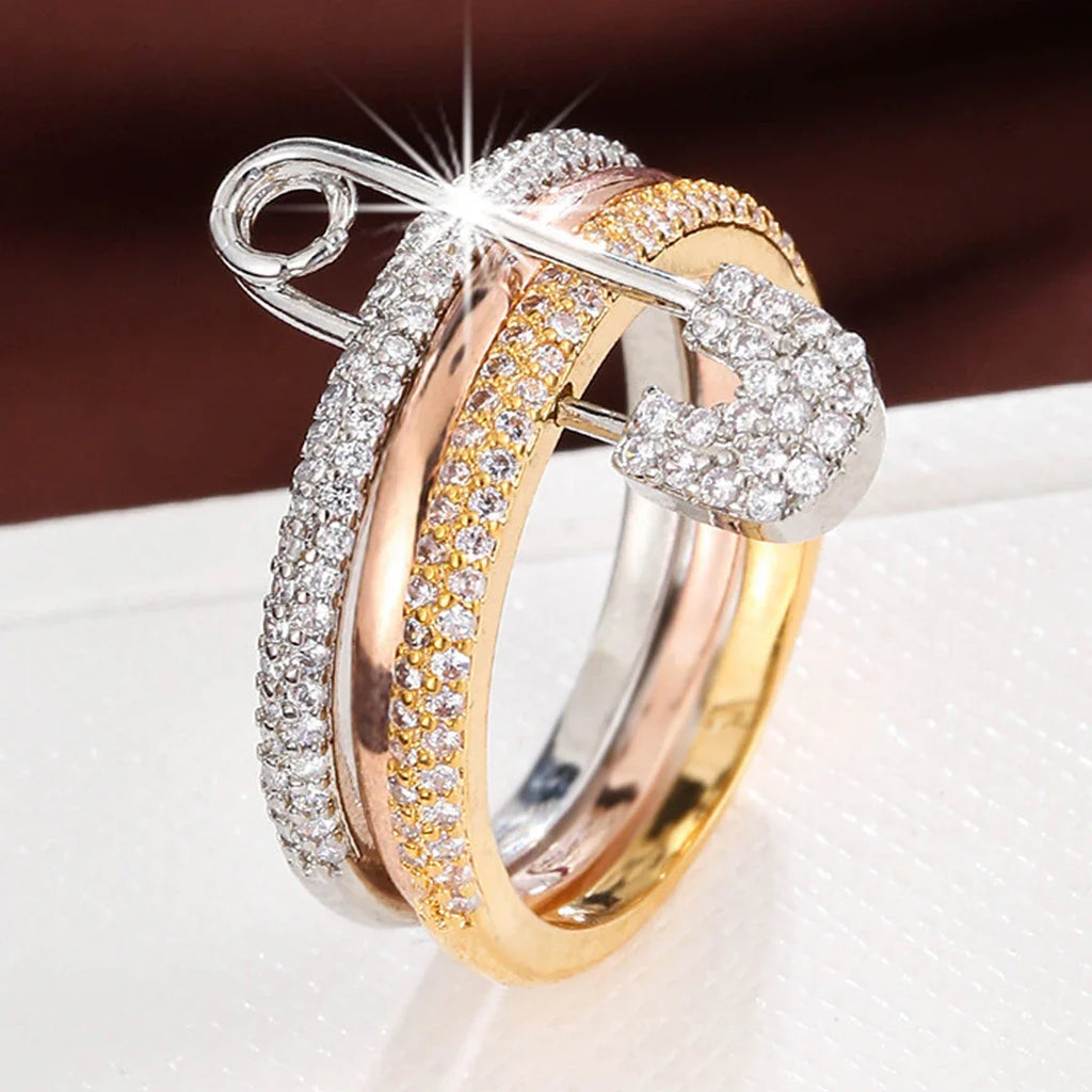 14K Gold Plated CZ Stackable Ring | 3-Layer Pave Setting | Multicolor & Silver | Women's Party Jewelry