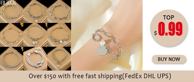 Stainless Steel Beaded Charm Bracelet for Women – 18K Gold Plated Link Chain