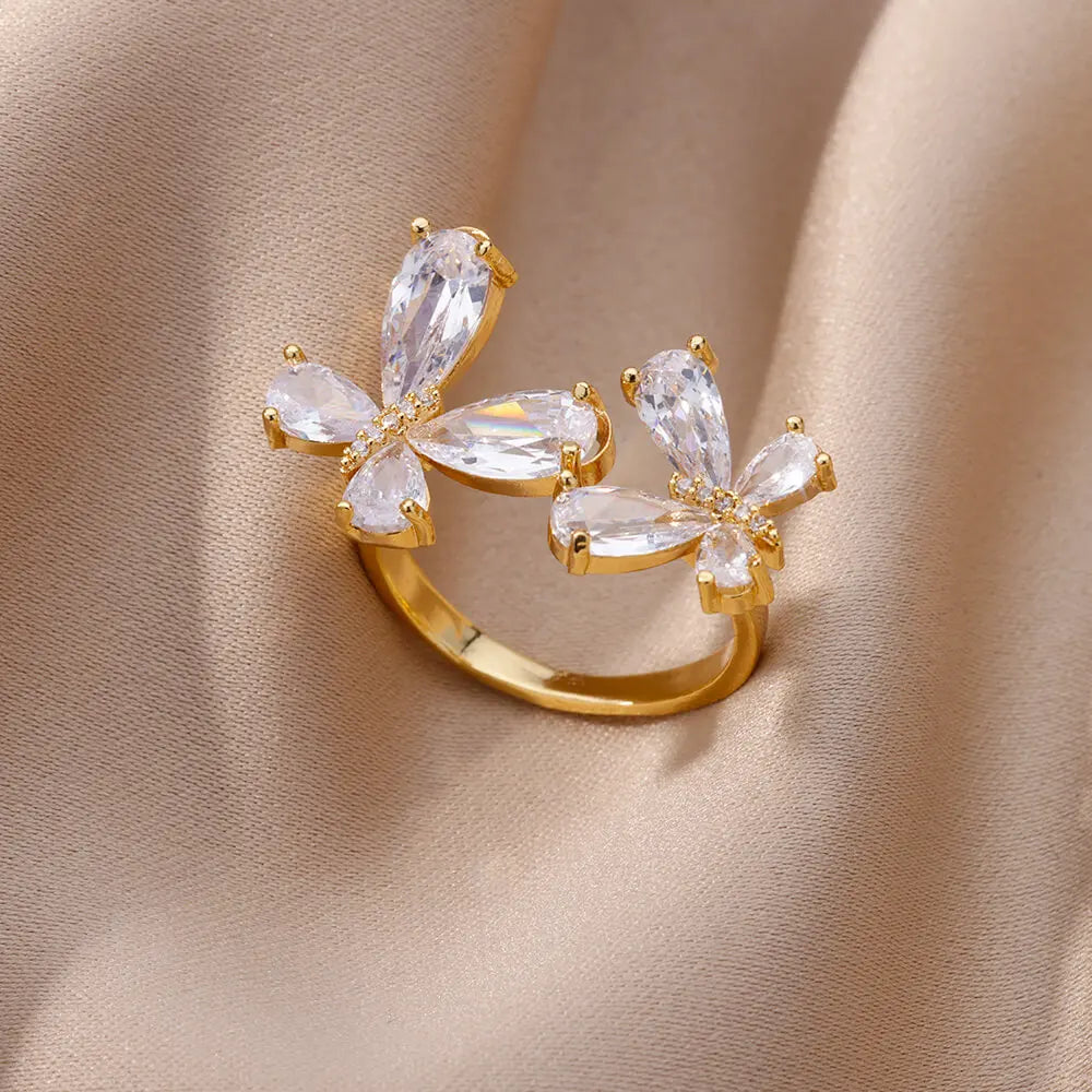 18K Gold Plated Zircon Flower & Leaf Ring | Adjustable Stainless Steel | Women's Aesthetic Wedding Band