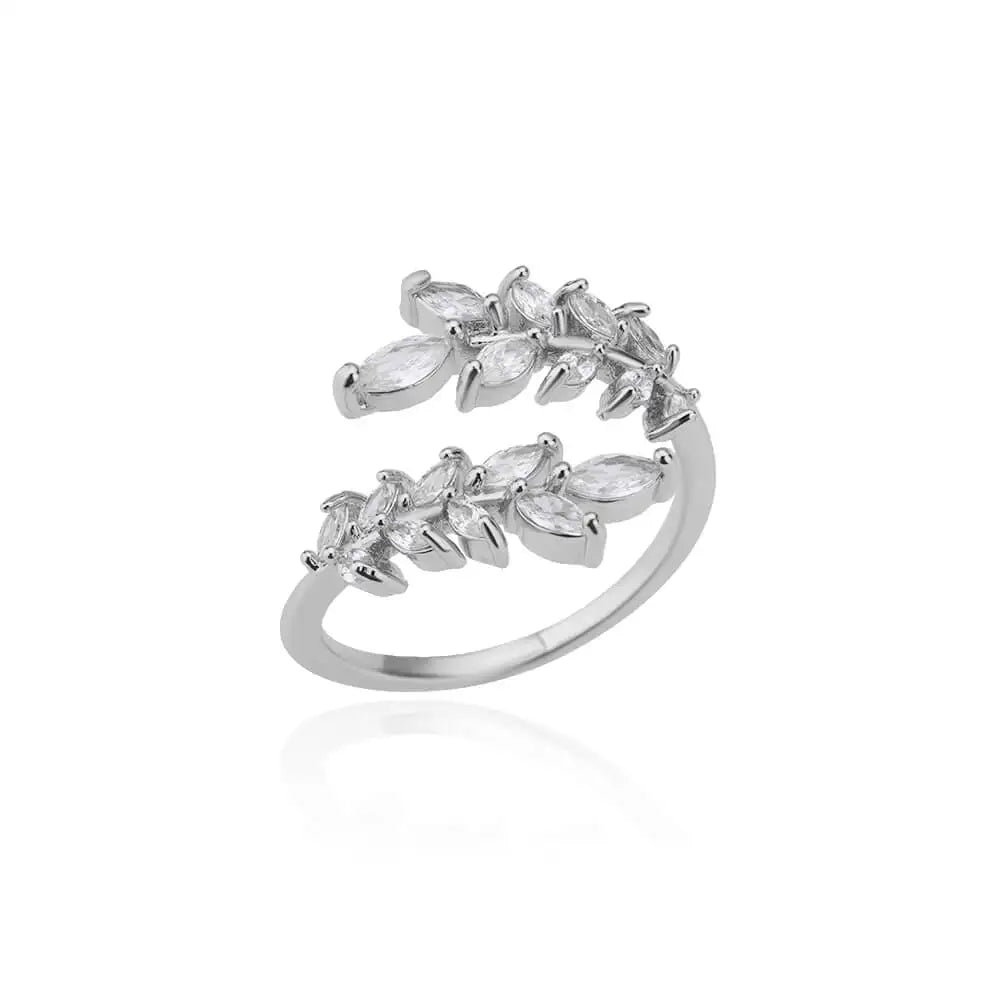 18K Gold Plated Zircon Flower & Leaf Ring | Adjustable Stainless Steel | Women's Aesthetic Wedding Band