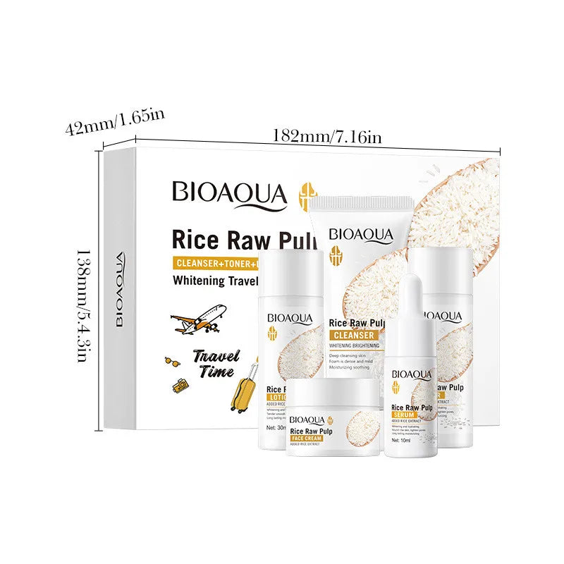 5pcs BIOAOUA Rice Raw Whitening Set Brighten Hydrating Moisturize Soothing Facial Cleanser+toner+essence+lotion+cream Skincare Nanasbeautyholic