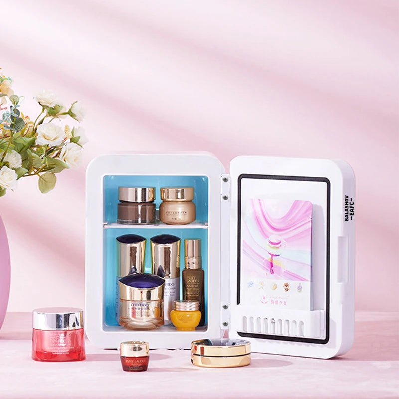 Mini Makeup Fridge WIth LED Light Mirror Portable Cosmetic Storage