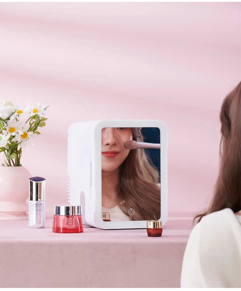 Mini Makeup Fridge WIth LED Light Mirror Portable Cosmetic Storage