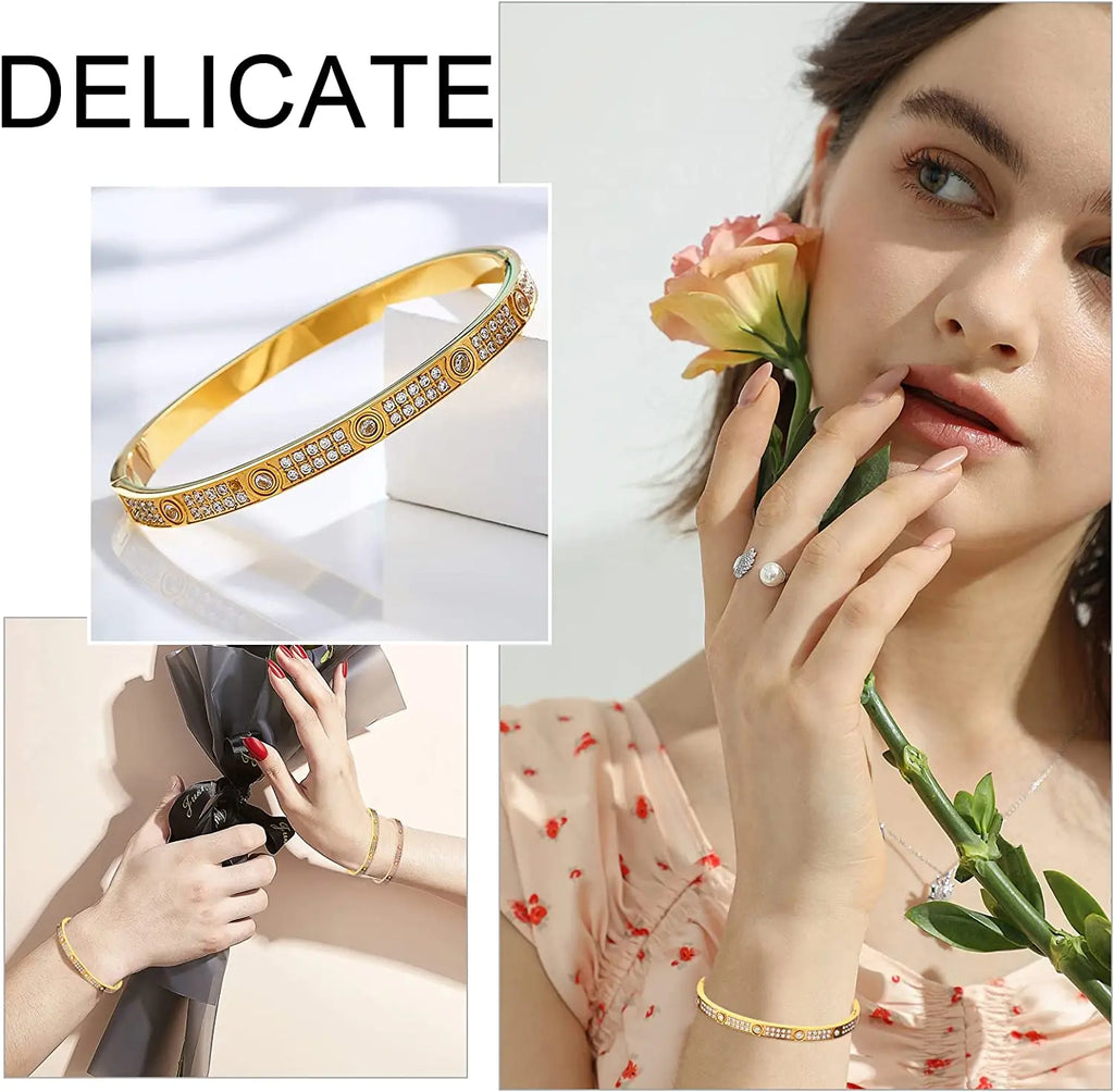 Zircon Cross Screw Nail Bangle | Stainless Steel | Gold, Rose Gold & Silver | Unisex Statement Bracelet