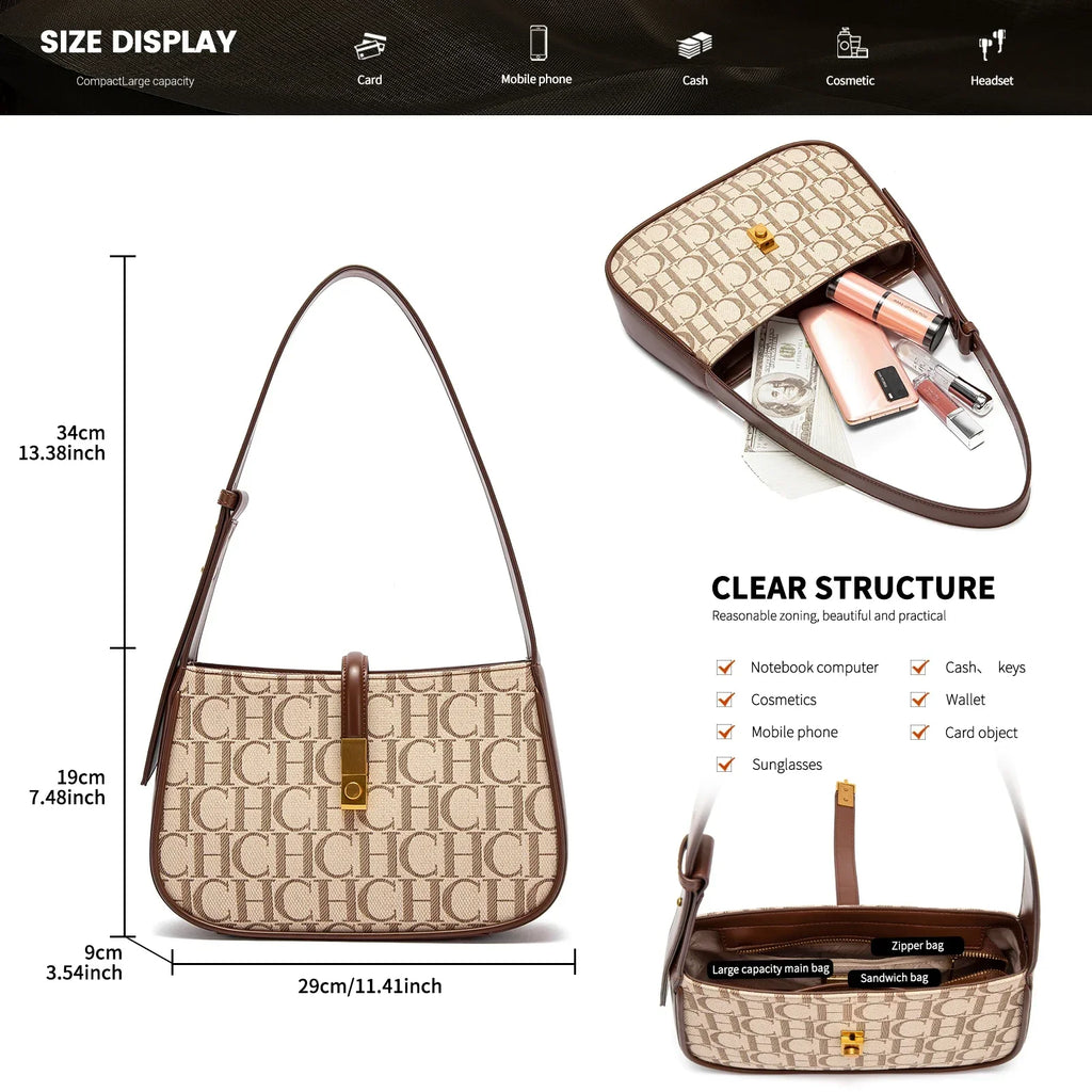 Luxury Baguette Shoulder Bag – Monogram PU Leather Handbag for Women