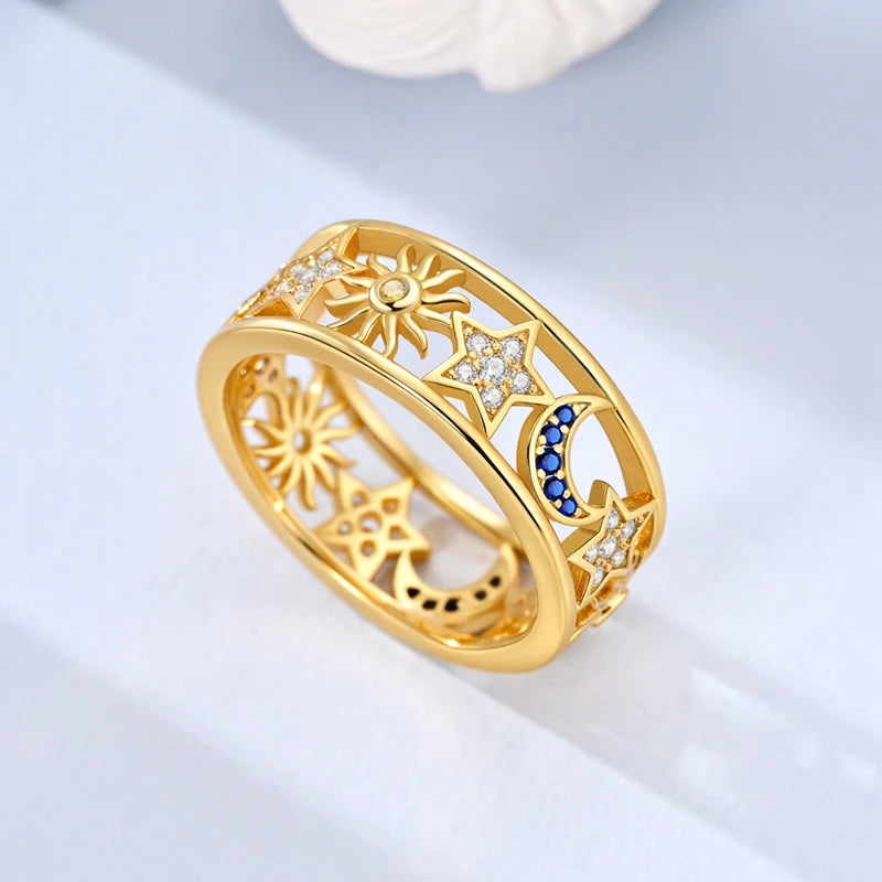 925 Sterling Silver Heart Star Moon Ring | Sparkling Zircon | Gold Chain Design | Women's Fine Jewelry Gift