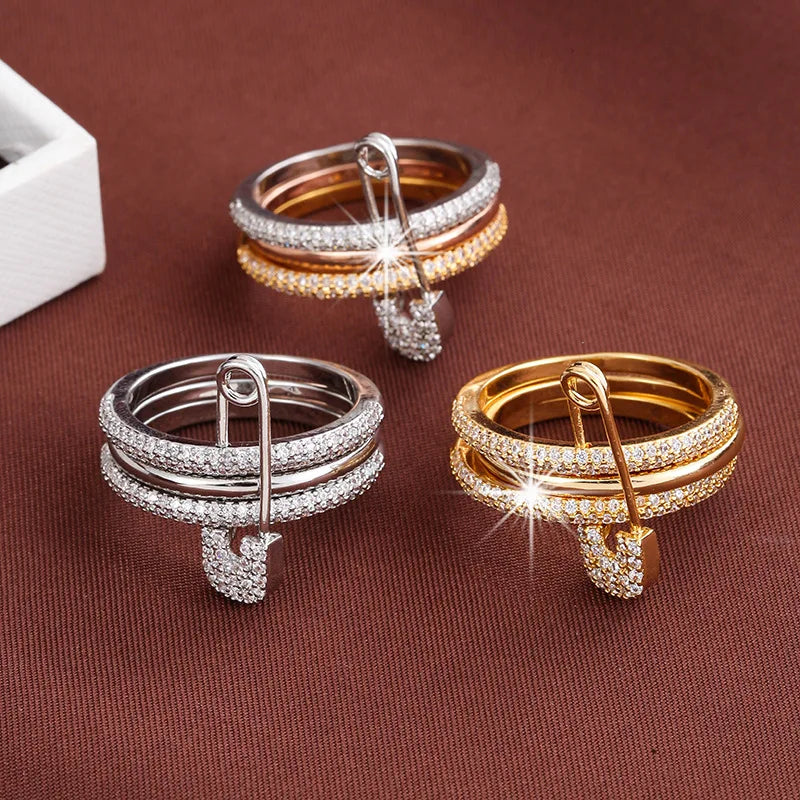 14K Gold Plated CZ Stackable Ring | 3-Layer Pave Setting | Multicolor & Silver | Women's Party Jewelry