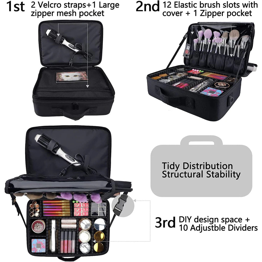 Large capacity travel makeup case, portable artist organizer with adjustable dividers and shoulder strap for toiletries jewelry Nanasbeautyholic