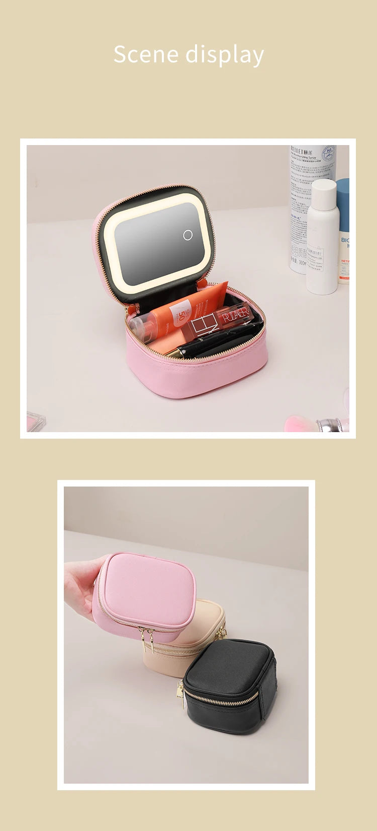 Rechargeable Travel Makeup Bag With LED Mirror, Compact Touch Screen Tabletop Cosmetic Mirror, 3 Colors Light Nanasbeautyholic