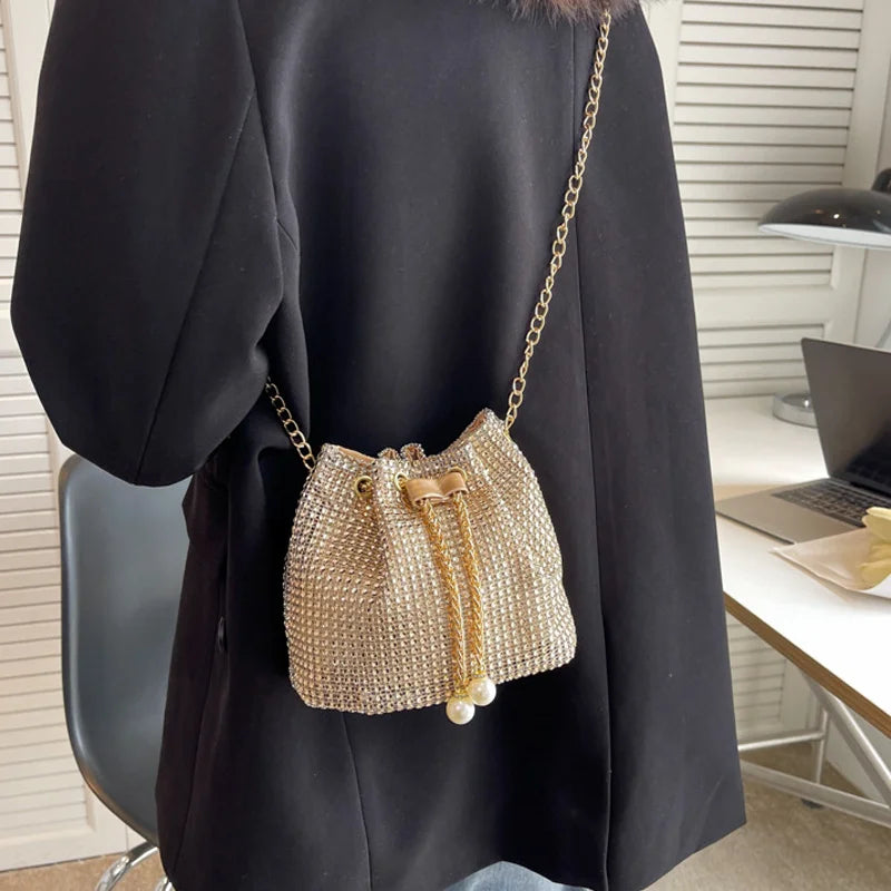 Rhinestone Drawstring Bucket Bag – Sparkling Crossbody Purse for Women