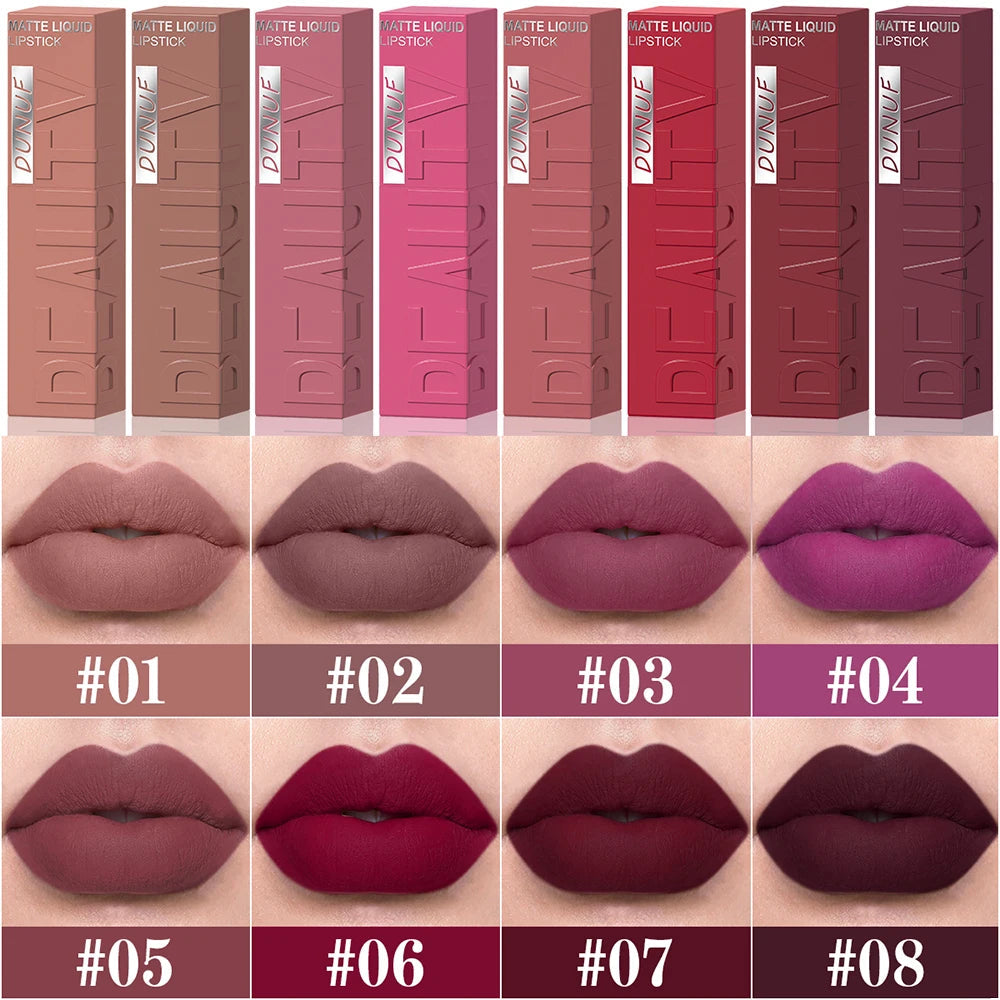 8Pcs/Set Nude Brown Matte Liquid Lipstick Velvet Sexy Dark Red Lip Glaze Non-stick Cup Not Easy To Fade Lip Gloss Lipstick Makeu Nanasbeautyholic