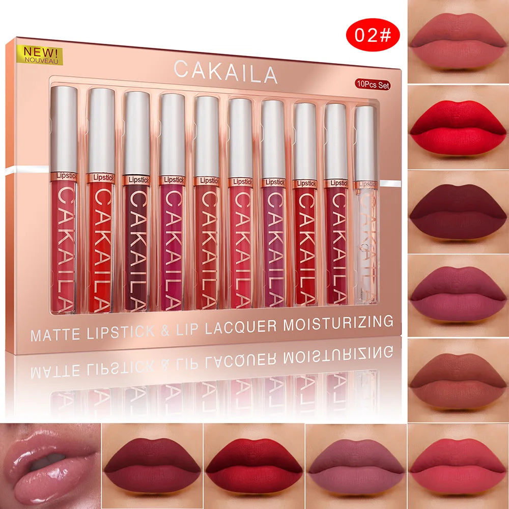 CAKAILA 10-Piece Nude Matte Lip Gloss Set – Velvet Liquid Lipstick | Waterproof & Long-Lasting