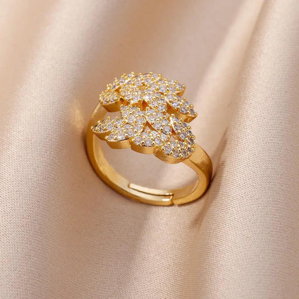 18K Gold Plated Zircon Flower & Leaf Ring | Adjustable Stainless Steel | Women's Aesthetic Wedding Band