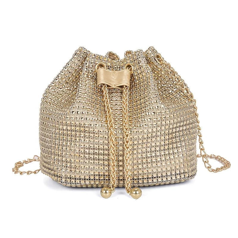 Rhinestone Drawstring Bucket Bag – Sparkling Crossbody Purse for Women