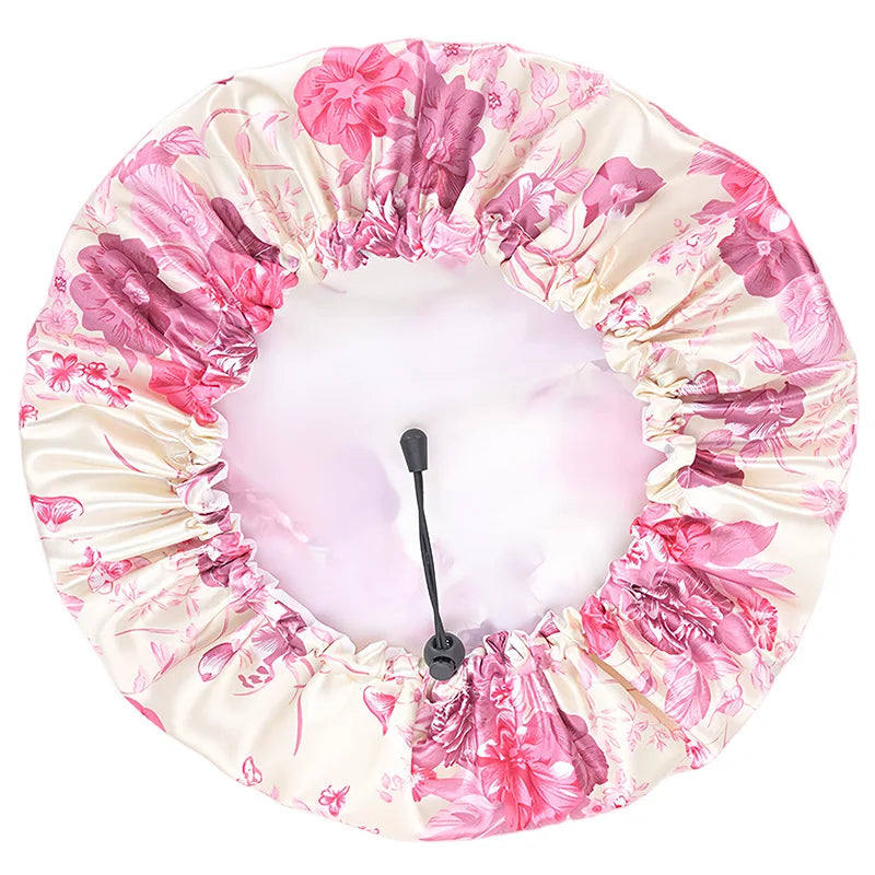 Women Double Layer Waterproof Shower Cap Floral Print Adjustable Double-Layer Elastic Hair Cap Bathing Accessory Nanasbeautyholic